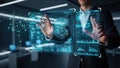 Businessman Interacting with Futuristic Holographic Data Interface Royalty Free Stock Photo
