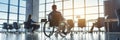 Professional man in wheelchair in office with large windows. Emphasizing workplace diversity and equal opportunities Royalty Free Stock Photo