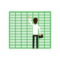 Professional man worker opening banking cell. Safe deposit boxes. Cartoon male character holding clipboard in hand, back