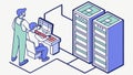 IT professional managing servers in an isometric data center, vector design Generative AI Royalty Free Stock Photo