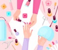 Professional manicure table flat vector illustration. Manicurist and female customer hands closeup top view