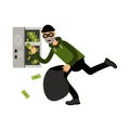 Professional masked burglar character stealing money from an open safe Illustration