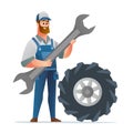 Professional mechanic character holding big spanner with big tire Royalty Free Stock Photo