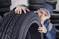 Professional mechanic checking tyre