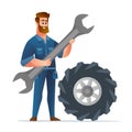 Professional mechanic holding big spanner with big tire Royalty Free Stock Photo