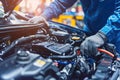 A professional mechanic meticulously repairing a car engine with exceptional precision and expertise, A mechanic working on an