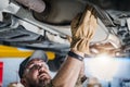 Professional Mechanic Performing Car Catalytic Converter Check Royalty Free Stock Photo