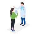 Professional medical doctor character dialogue with woman patient, female get medical statement isometric 3d vector