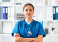 Professional medical doctor working in hospital office, Portrait of young and attractive female physician in protective Royalty Free Stock Photo