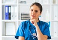 Professional medical doctor working in hospital office, Portrait of young and attractive female physician in protective Royalty Free Stock Photo