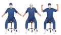 Professional medical male,stretching arms, back,neck sitting on mobile saddle Royalty Free Stock Photo