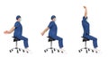 Professional medical male,stretching arms, back,neck sitting on mobile saddle Royalty Free Stock Photo