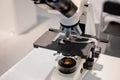 Professional medical microscope in science lab, exhibition Royalty Free Stock Photo