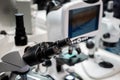 Professional medical microscope in science lab, exhibition Royalty Free Stock Photo