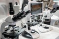 Professional medical microscope in science lab, exhibition Royalty Free Stock Photo