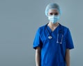 Professional medical worker in protection suit. Nurse, surgeon, doctor or paramedic in blue uniform. Emergency medicine