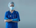 Professional medical worker in protection suit. Nurse, surgeon, doctor or paramedic in blue uniform. Emergency medicine