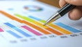 In this image, a focused professional is depicted using a pen to highlight key data on a vibrant, multicolored chart, symbolizing