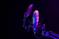 Professional microphone against black background in studio Royalty Free Stock Photo