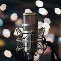 Professional microphone against bokeh background, capturing audio ambiance