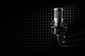 Professional microphone on the black sound proof panel. Recording studio, copy space