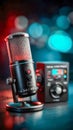 Professional microphone in a recording studio with blurred audio equipment in the background Royalty Free Stock Photo