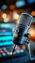 Professional microphone in a recording studio with blurred audio equipment in the background Royalty Free Stock Photo