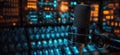 Professional microphone in recording studio with illuminated soundboard background Royalty Free Stock Photo