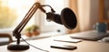 The professional microphone set up on a modern workspace for podcasting. AI generated image Royalty Free Stock Photo