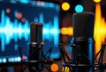 Professional microphone setup in a recording studio with colorful audio waveforms in the background Royalty Free Stock Photo