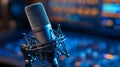 Professional microphone with waveform on blue background for audio recording or podcasting design Royalty Free Stock Photo