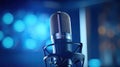A Professional microphone with waveform on blue background. Podcast or recording studio background. Microphone. Generative Ai Royalty Free Stock Photo
