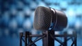 A Professional microphone with waveform on blue background. Podcast or recording studio background. Microphone. Generative Ai Royalty Free Stock Photo