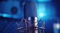 A Professional microphone with waveform on blue background. Podcast or recording studio background. Microphone. Generative Ai Royalty Free Stock Photo