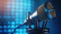 A Professional microphone with waveform on blue background. Podcast or recording studio background. Microphone. Generative Ai Royalty Free Stock Photo
