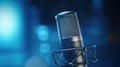 A Professional microphone with waveform on blue background. Podcast or recording studio background. Microphone. Generative Ai Royalty Free Stock Photo