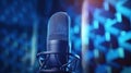 A Professional microphone with waveform on blue background. Podcast or recording studio background. Microphone. Generative Ai Royalty Free Stock Photo