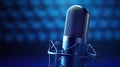 A Professional microphone with waveform on blue background. Podcast or recording studio background. Microphone. Generative Ai Royalty Free Stock Photo