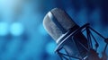 A Professional microphone with waveform on blue background. Podcast or recording studio background. Microphone. Generative Ai Royalty Free Stock Photo
