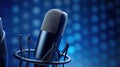 A Professional microphone with waveform on blue background. Podcast or recording studio background. Microphone. Generative Ai Royalty Free Stock Photo