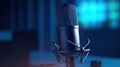 A Professional microphone with waveform on blue background. Podcast or recording studio background. Microphone. Generative Ai Royalty Free Stock Photo