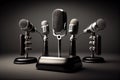 Professional microphones placed in a press room. Created with generative AI technology.