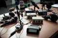 Professional microphones placed in a press room. Created with generative AI technology.