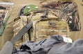 A professional military grade medkit, infantry army med kit, bag of medical supplies and equipment green camo bag closeup, nobody Royalty Free Stock Photo