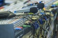 Professional Mixing Console Back Panel Closeup. Wireless Microphones on Surface Royalty Free Stock Photo