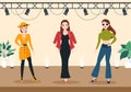 Professional Model Template Hand Drawn Cartoon Flat Illustration with Beautiful Women Models Walking on Podium in Fashion Week