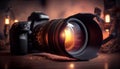 Professional modern DSLR camera low key image - Modern DSLR camera with a very wide aperture lens on Royalty Free Stock Photo