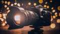 Professional modern DSLR camera low key image - Modern DSLR camera with a very wide aperture lens on Royalty Free Stock Photo