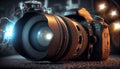 Professional modern DSLR camera low key image - Modern DSLR camera with a very wide aperture lens on Royalty Free Stock Photo