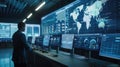 A professional monitors multiple screens displaying delivery updates and route optimization in a high-tech logistics